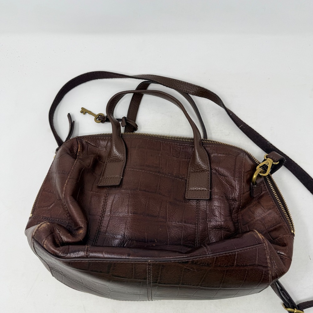Vintage Fossil Satchel‎ Brown Medium Croco Embossed Leather Crossbody Bag